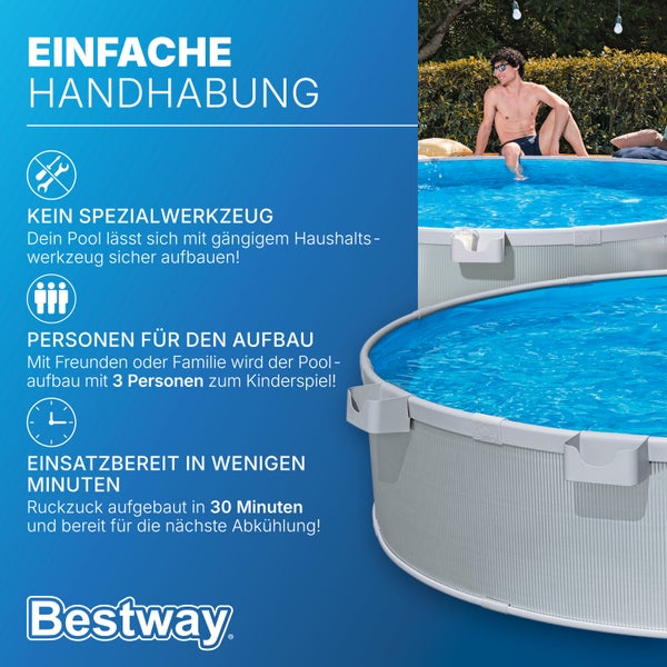 Person im Bestway Aufstellpool in einem hellen Garten. Montage ohne Spezialwerkzeug durch drei Personen in dreißig Minuten. Bestway Logo.