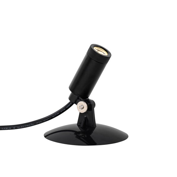 Schwarzer Außenstrahler mit verstellbarem Kopf und rundem Standfuß.