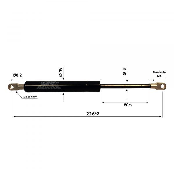 Gasdruckfeder mit Maßen: Gesamtlänge 226 mm, Hub 80 mm, Kolbendurchmesser 18 mm, Stangendurchmesser 8 mm, M6 Gewinde und 8,2 mm Ösen.