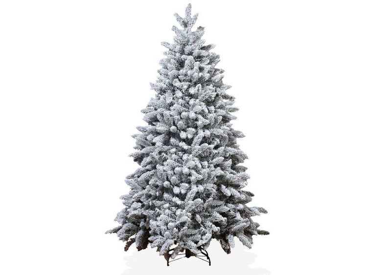 Künstlicher Weihnachtsbaum mit künstlicher Schneeoptik auf einem Metallständer für die Inneneinrichtung.