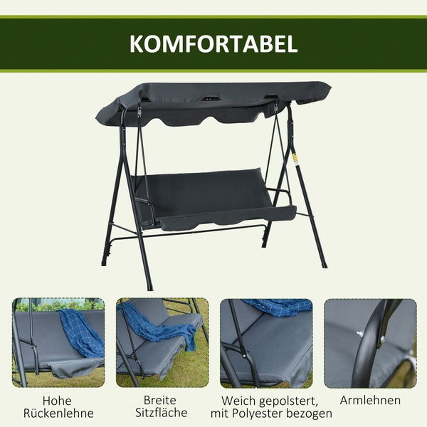 Outsunny Hollywoodschaukel, 3-Sitzer, mit Dach, 172 x 110 x 153 cm, Stahl, Grau+Schwarz