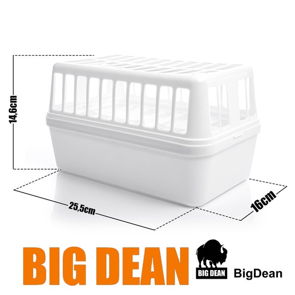 Weiße Transportbox für Kleintiere aus Kunststoff, Maße 25,5 Zentimeter mal 16 Zentimeter mal 14,6 Zentimeter, Big Dean Logo.