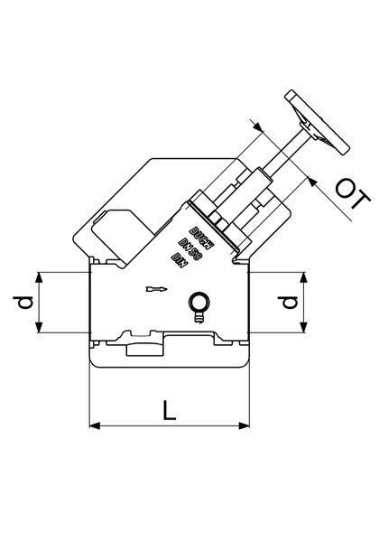 Technische Zeichnung eines Schrägsitzventils Nennweite 50 mit Maßangaben für Länge, Durchmesser und Oberteilhöhe.