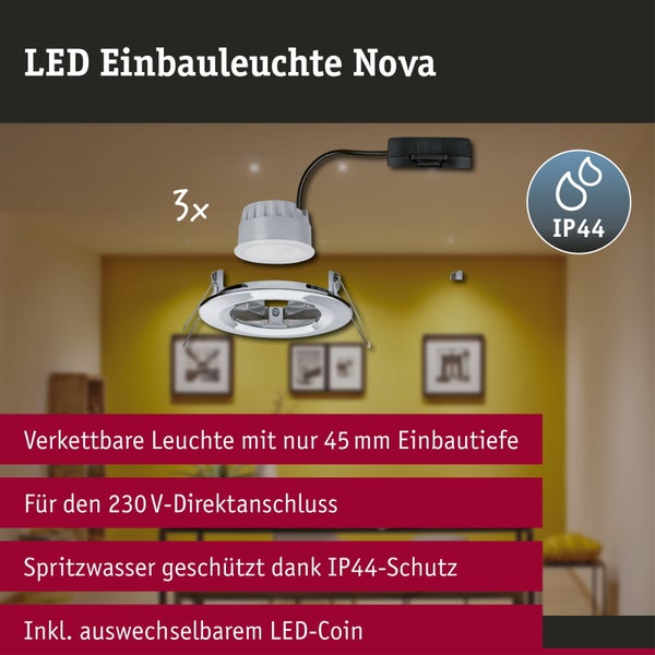 3er-Set LED-Einbauleuchten Nova mit auswechselbarem LED-Coin, 45 Millimeter Einbautiefe, 230 Volt Direktanschluss und Spritzwasserschutz IP44.
