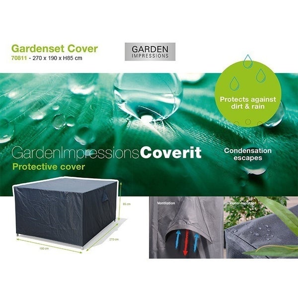 Graue Schutzhülle für Gartenmöbel-Set von Garden Impressions, 270 mal 190 mal 85 Zentimeter, wasserabweisend mit Belüftung.