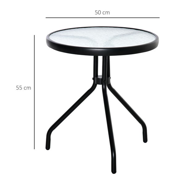 Runder Bistrotisch mit Glasplatte und schwarzem Gestell, Durchmesser 50 Zentimeter, Höhe 55 Zentimeter.