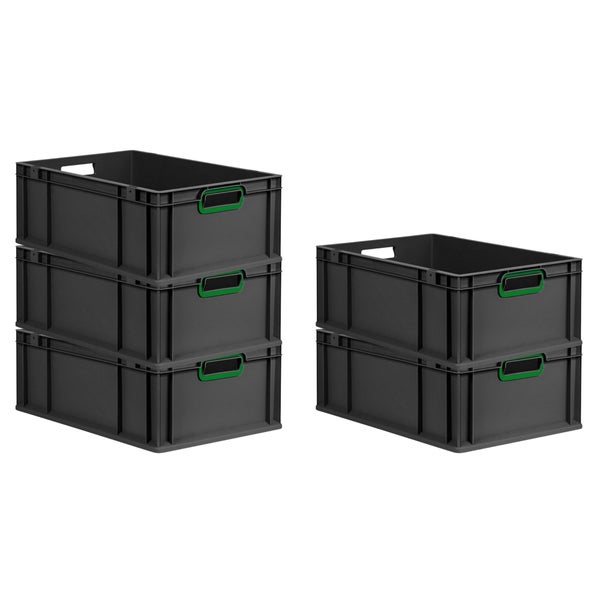 PROREGAL SparSet 5x Eurobox NextGen Color, HxBxT 22x40x60cm, 44 Liter, Griffe grün offen, Verstärkter Boden, Schwarz, Eurobehälter, Transportbox, Transportbehälter, Stapelbehälter