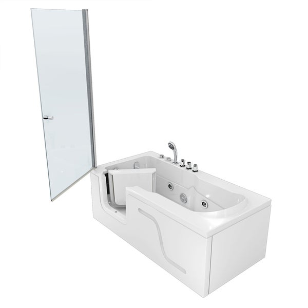 Sitzbadewanne mit einer Einstiegstür und einem integrierten Glas-Duschaufsatz, Whirlpool-Düsen und Chromarmaturen.