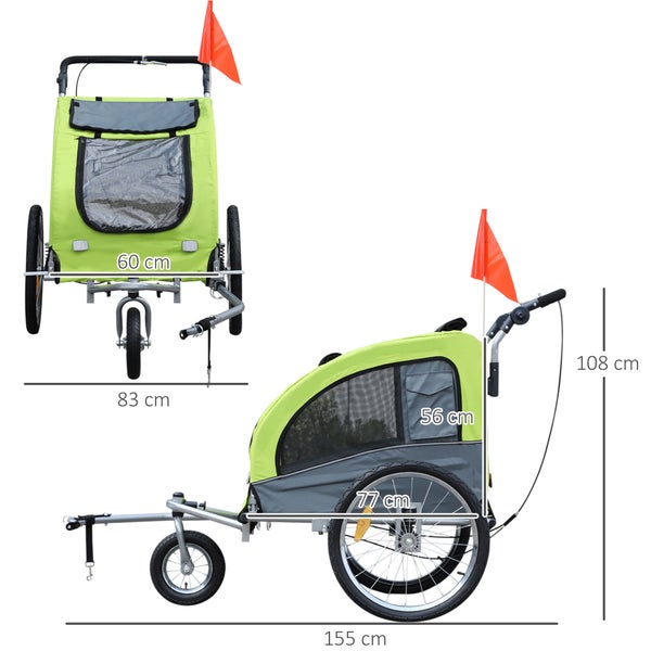 PawHut Fahrradanhänger, 155L x 83B x 108H cm, 600D Oxford, Stahlrohr, Grün+Grau