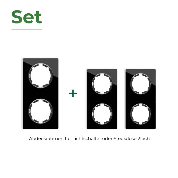 Set aus zwei zweifachen Abdeckrahmen für Lichtschalter oder Steckdosen in rechteckigem Design.