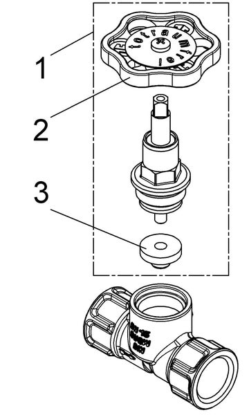 Explosionszeichnung eines Ventils mit nummerierten Komponenten wie Handrad, Oberteil und Dichtung.