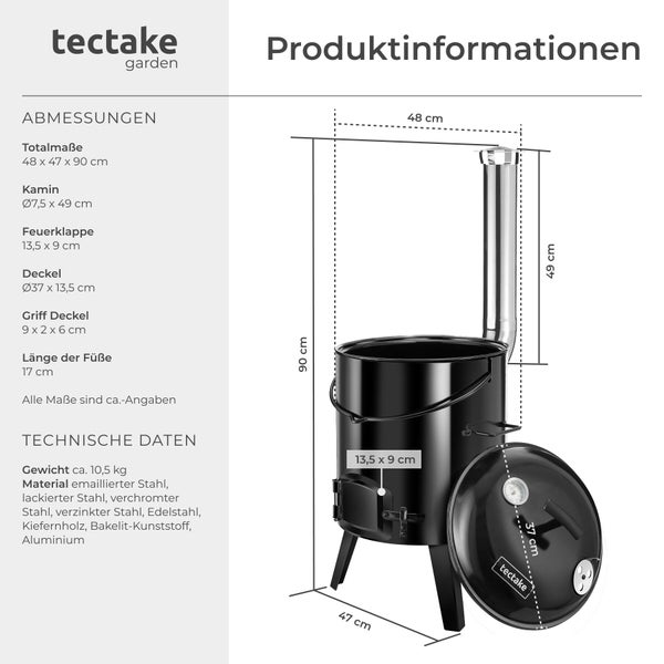 Technische Zeichnung mit Maßangaben eines Räucherofens von Tectake Garden mit Stahldetails und Materialinformationen.