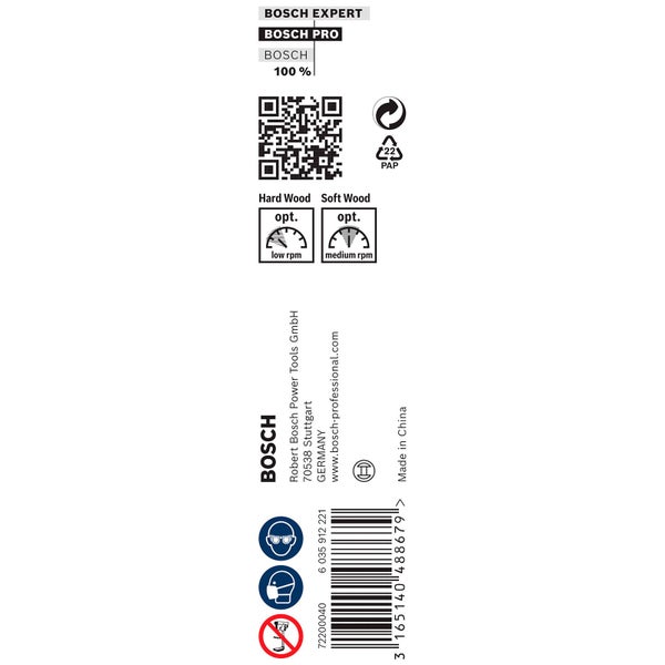 Bosch Expert, Bosch Pro, Bosch Logo, QR-Code, Papierverpackungssymbol, Drehzahlsymbole für Hart- und Weichholz, Herstellerinformationen, Barcode, Schutzbrillensymbol, Atemschutzsymbol, Gehörschutzsymbol