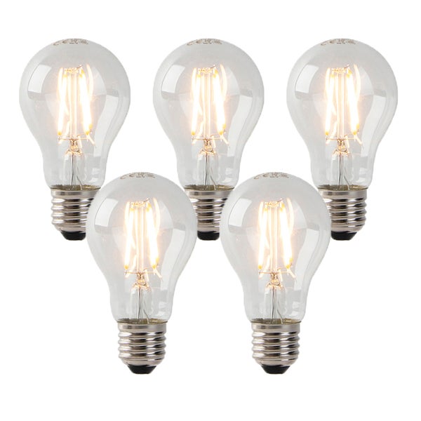 Fünf LED-Filament-Leuchtmittel in klassischer Kolbenform mit E27-Sockel und klarem Glas.
