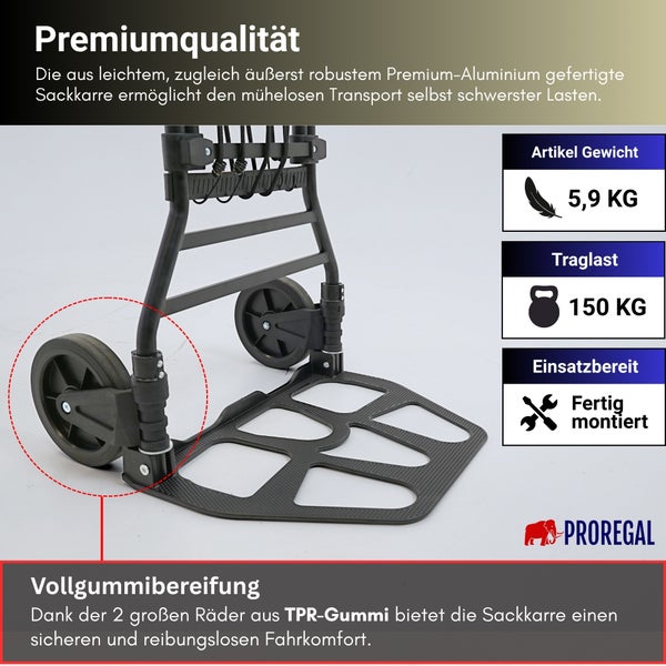 Aluminium-Sackkarre von PROREGAL mit 150 Kilogramm Traglast, 5,9 Kilogramm Gewicht, Vollgummibereifung, fertig montiert und PROREGAL Logo.