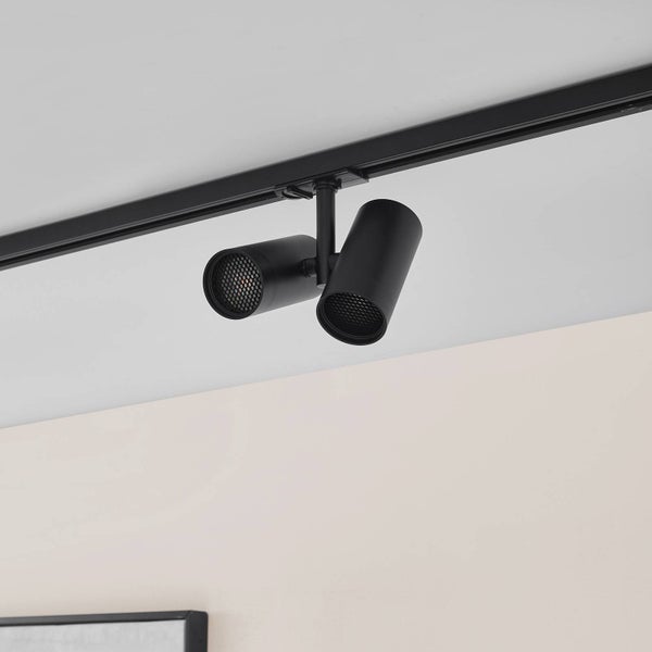 Schwarzes Schienensystem mit zwei verstellbaren, zylindrischen Strahlern und Wabenraster an einer Deckenschiene.