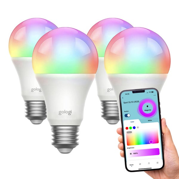 Gologi Smart E27 Bulb Lamp 4 Stück - Smart WiFi - Intelligente LED-Beleuchtung - Dimmbar - Millionen von Farben - RGB - Steuerung über mobile App - Umgebungsbeleuchtung - 800 Lumen - 4 Stück