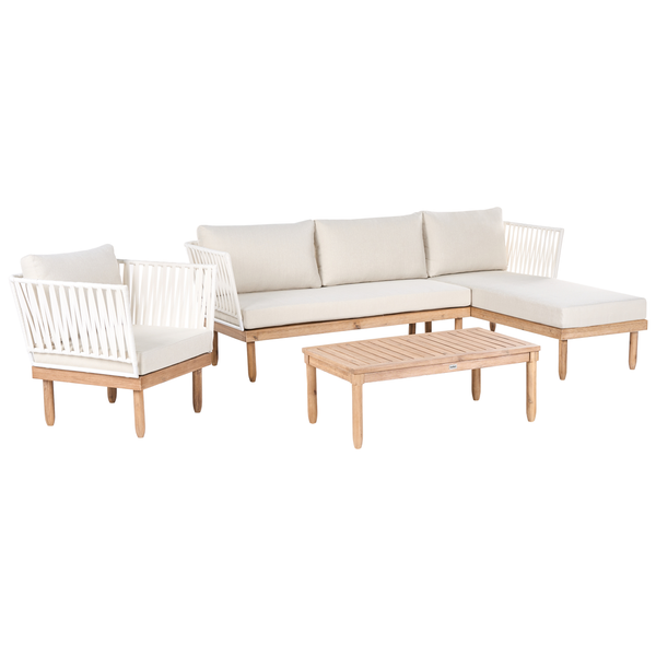 Gartenmöbel-Set bestehend aus Ecksofa, Sessel und Couchtisch aus Holz mit Seilbespannung und hellen Polstern.
