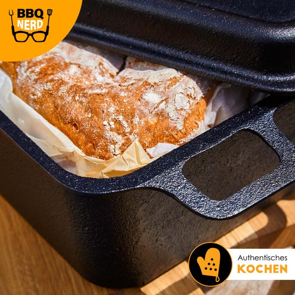 BBQ-Nerd Dutch Oven Brottopf aus Gusseisen 9,4 L | Brotbackkasten mit Grill-/Servierpfanne für alle Herdarten, Öfen und Grillgeräte | Feuertopf für Kuchen Brot Auflauf Braten