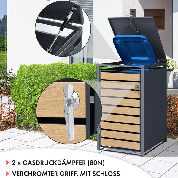 FLOORDIREKT Mülltonnenbox Johan Edelstahlrahmen und Holzdekor 68 x 80 x 116 cm - 1 Tür