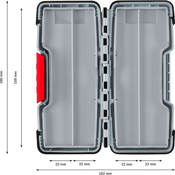 Offene Werkzeugkiste mit Fächern zur Aufbewahrung von Werkzeugen und Kleinteilen