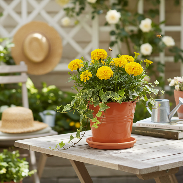 Gelbe Tagetes und Efeu in einem orangefarbenen Topf auf einem hölzernen Gartentisch in einer hellen, organisierten Gartenumgebung.
