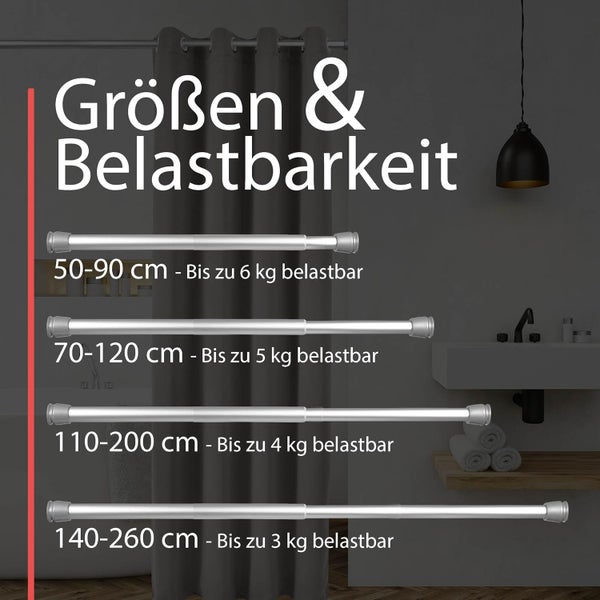 Verschiedene Größen und Belastbarkeit von Duschvorhangstangen dargestellt