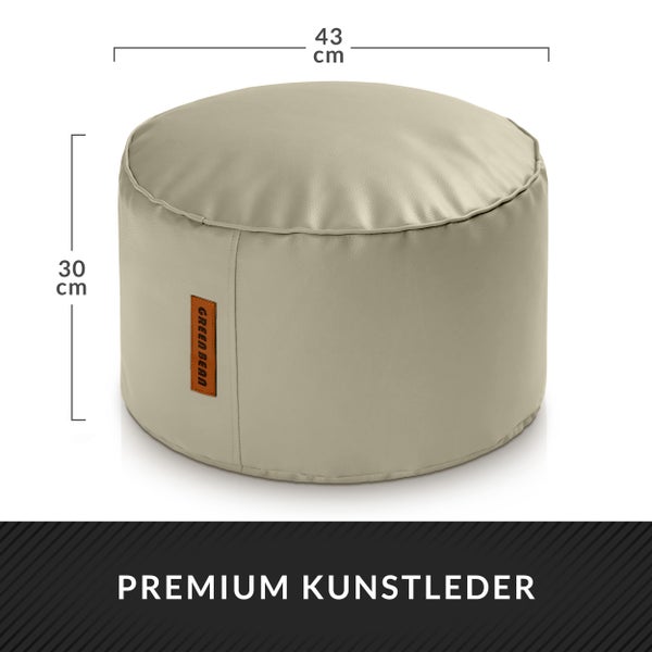 Hellbrauner Sitzpouf aus Kunstleder mit den Maßen 43 x 30 Zentimeter.