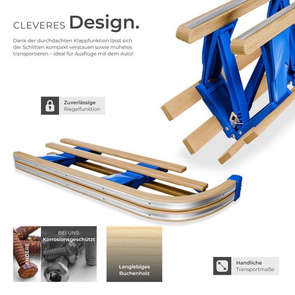Klappschlitten aus Buchenholz mit Korrosionsschutz und zuverlässiger Riegelfunktion für einfachen Transport