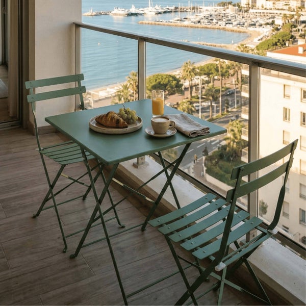 Grünes Bistro-Set aus Metall mit klappbarem Tisch und zwei Stühlen auf einem Balkon mit Meerblick.