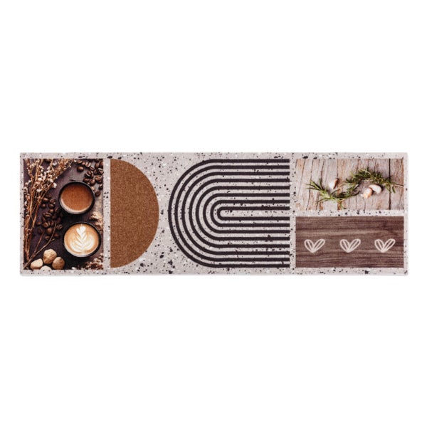 Küchenläufer mit Collagen-Design aus Kaffeemotiven, Kräutern, Herzen und geometrischen Bögen.