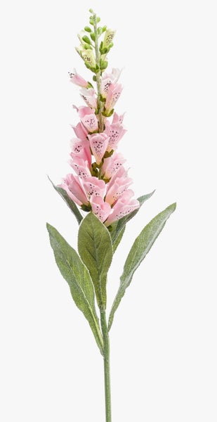 Künstlicher Fingerhut mit rosa glockenförmigen Blüten, grünen Blättern und Stiel.