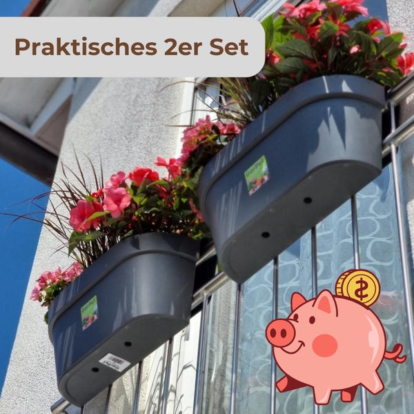 Praktisches 2er-Set graue Balkonblumenkästen mit rosa Blumen an einem Metallgeländer montiert.