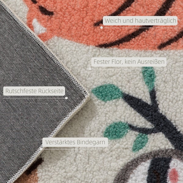 Detailansicht eines Teppichs mit weichem Flor, verstärktem Bindegarn und rutschfester Rückseite.