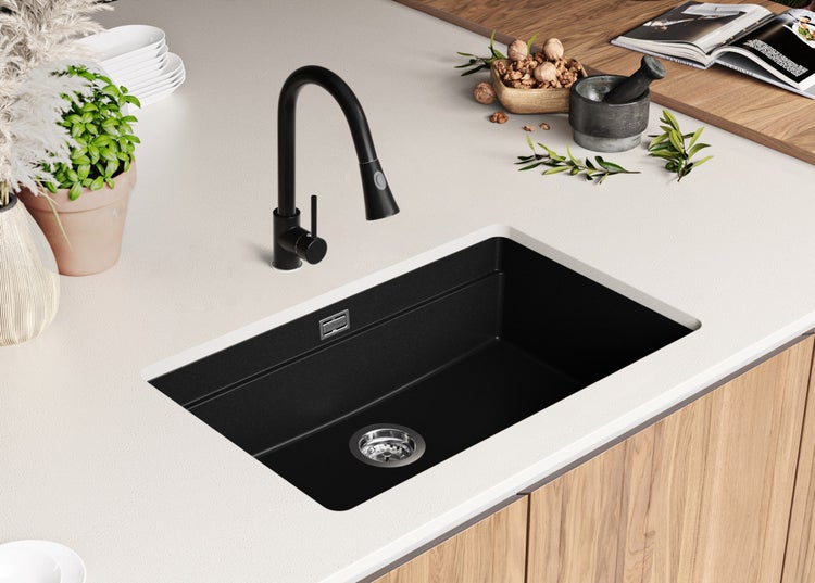 PRIMAGRAN Unterbauspüle Granit Schwarz 76x47cm, Spülbecken 1 Becken + Küchenarmatur 32x20cm + Ablauf-Set + Aufrollbare Abtropffläche, Granitspüle ab 80er Unterschrank - Praga