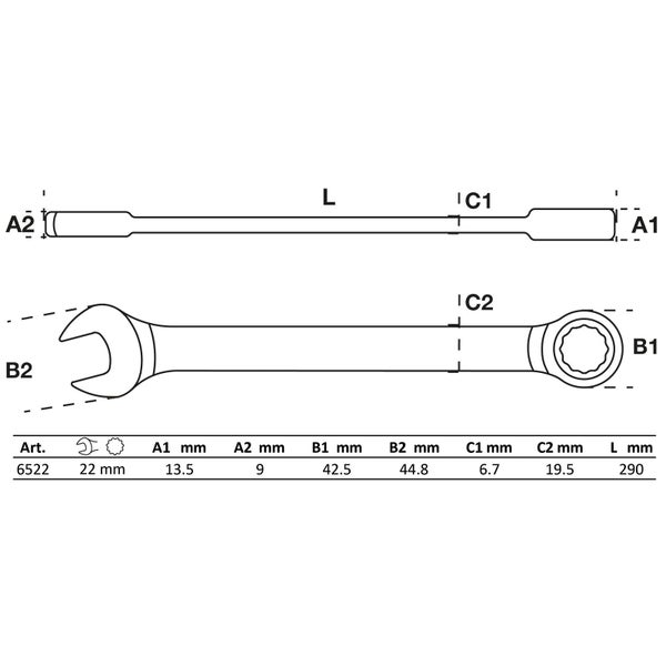 Technische Zeichnung eines Schraubenschlüssels mit Maßangaben