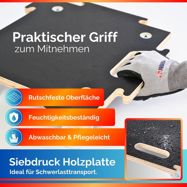 Siebdruck Holzplatte für Schwerlasttransport mit Tragegriff, rutschfester Oberfläche, feuchtigkeitsbeständig und abwaschbar.