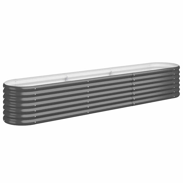 Lange, ovale Hochbeeteinfassung aus gewelltem Metall in Anthrazit für den Garten.