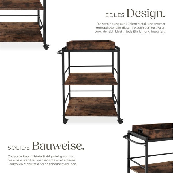 Servierwagen mit drei Ablageflächen und Rollen