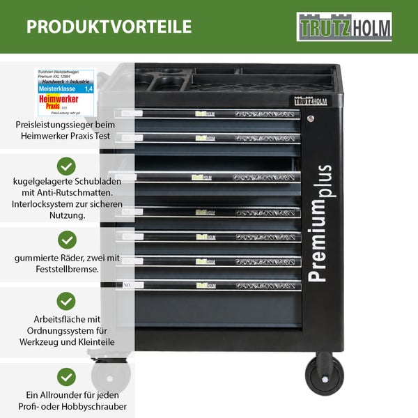 Trutzholm Premium Plus Werkstattwagen mit kugelgelagerten Schubladen, gummierte Räder mit Feststellbremse und integriertem Ordnungssystem.