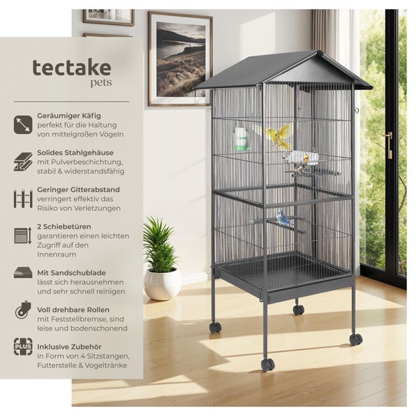Vogelkäfig mit Stahlgehäuse, Rollen und Zubehör für mittelgroße Vögel