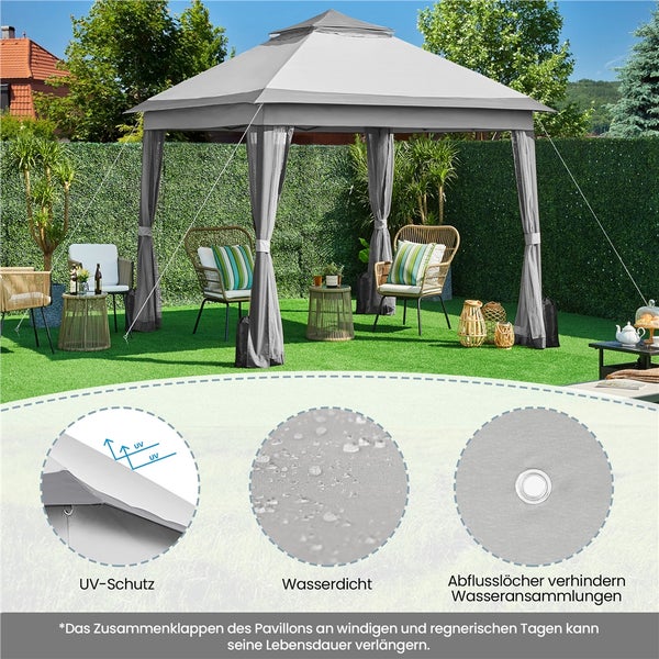 Pavillon mit Vorhängen, UV-Schutz und wasserdichtem Material im Garten.