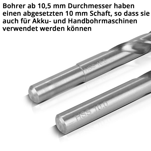 Zwei Bohrer, einer mit abgesetztem 10 Millimeter Schaft für Akkubohrmaschinen und Handbohrmaschinen.