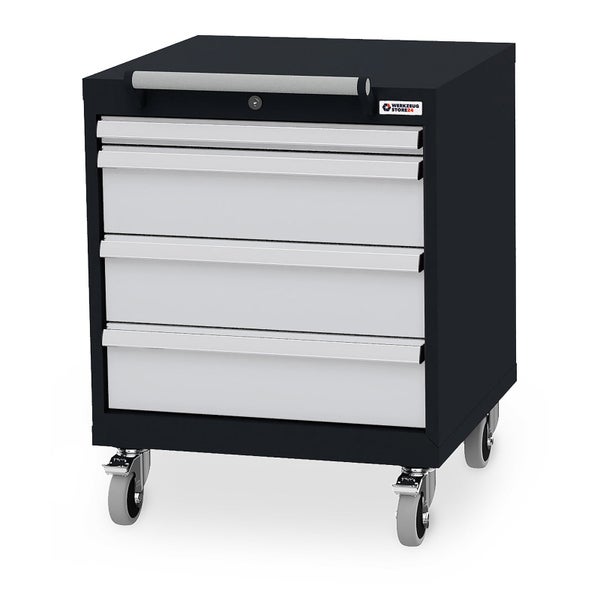 Schwarzer Werkzeugwagen mit 4 grauen Schubladen, Rollen, Griff, Schloss und Werkzeug Store24 Logo.