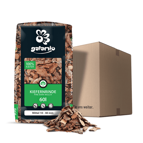Galamio Logo auf Sack mit Kiefernrinde 60 Liter, Körnung 10 bis 40 Millimeter, 100 Prozent Kiefer, mit Versandkarton und Mulchprobe.