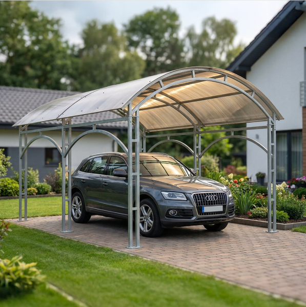 Carport mit Bogendach aus Metall und Polycarbonat über einem Auto auf einer gepflasterten Einfahrt im Garten.