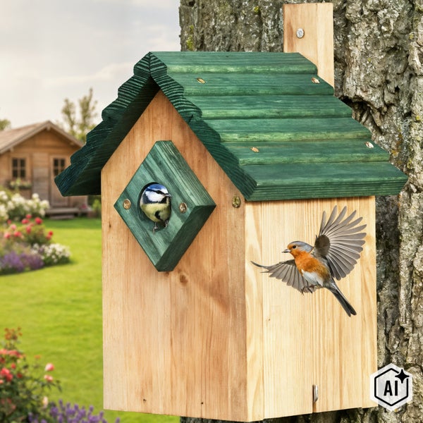 Nistkasten aus Holz mit spitzem Dach an einem Baumstamm mit Blaumeise am Einflugloch und einem anfliegenden Rotkehlchen im Garten.