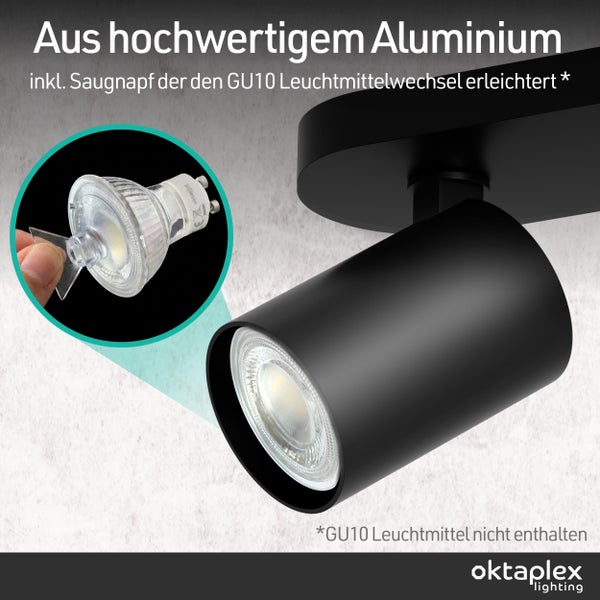 Schwarzer Aluminiumstrahler mit GU10-Fassung und Saugnapf zum einfachen Leuchtmittelwechsel. Oktaplex Lighting Logo.