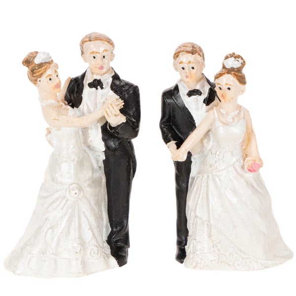 Set aus zwei Hochzeitsfiguren, tanzendes Paar und stehendes Brautpaar in Schwarz und Weiß, Dekoration für Hochzeitstorten.