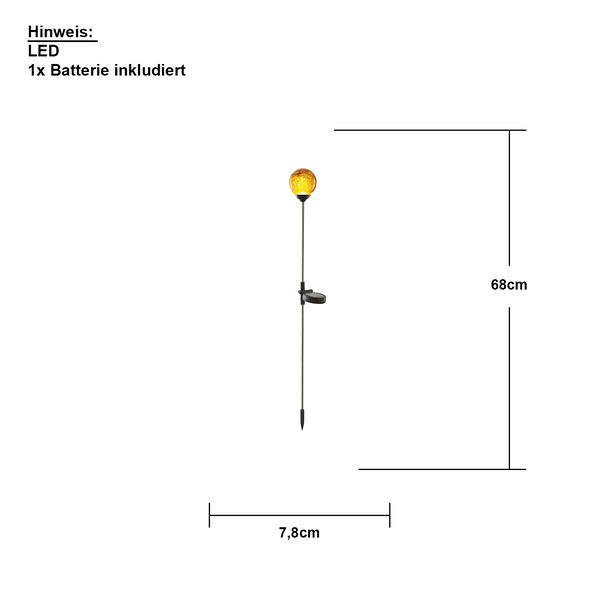 Abmessungen einer LED Solarleuchte für den Garten: 68 Zentimeter Höhe, 7,8 Zentimeter Breite